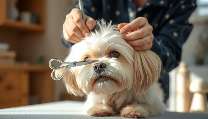Lhasa Apso'nun göz çevresi tüy bakımı, uzun tüylerin gözle temas etmeden kesilmesi işlemini gösteren grooming sahnesi