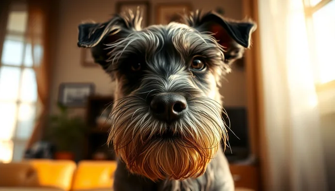 Miniature Schnauzer ırkının karakteristik tuz-biber rengi kablo kürklü görünümü ve dikdörtgen kafa yapısı