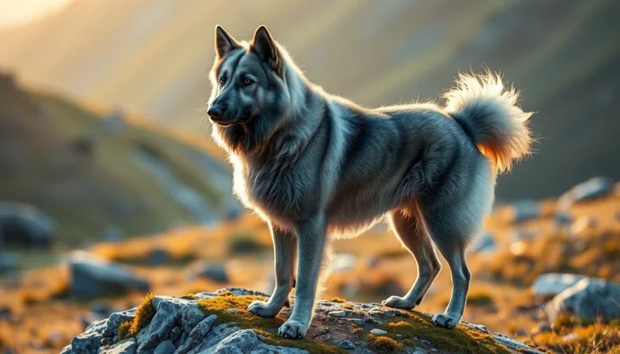 Norwegian Elkhound ırkının gri kalın kürkü, siyah maskesi ve sırt üzerine kıvrık kuyruğu ile karakteristik Spitz görünümü