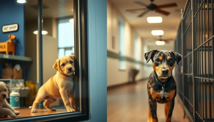 Petshop ve barınaktan köpek sahiplenme arasındaki farkları gösteren karşılaştırma görseli