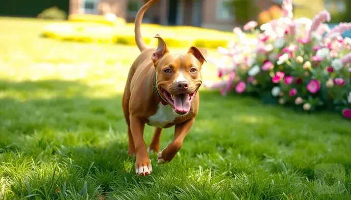 Pitbull köpeği bahçede koşarken