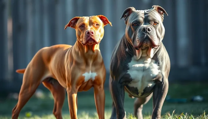 Pitbull ve American Bully yan yana duruş — boyut ve kas yapısı farkını gösteren karşılaştırma fotoğrafı