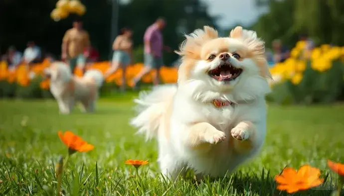 Pomeranian köpeği parkta oyun oynarken