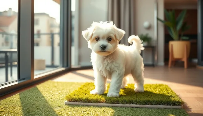 Yavru Poodle yapay çim tuvalet alanında eğitim sırasında