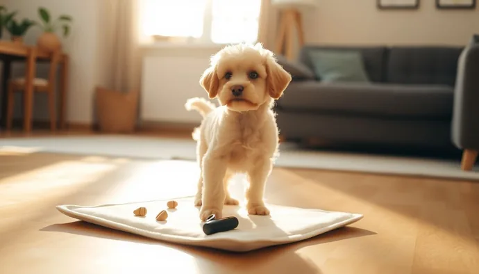 Toy Poodle yavrusu pet pad üzerinde, apartman ortamında tuvalet eğitimi malzemeleri