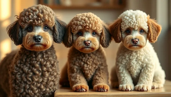 Farklı boyut varyasyonlarındaki Poodle köpekleri: Standard, Miniature ve Toy — kıvrımlı tüy yapıları ve karakteristik görünümleri
