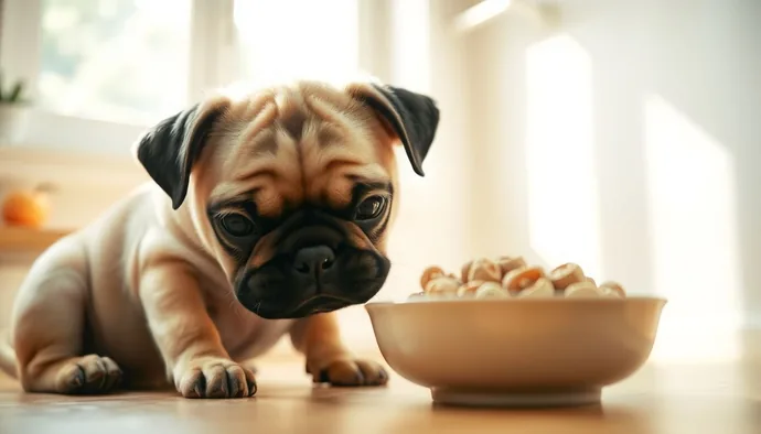 Yavru Pug köpeği mama kabından yerken, kısa burun yapısı ve küçük tane boyutu mama ile uyumunu gösteren görsel