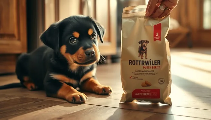 Rottweiler yavru köpek için uygun mama paketi ve içerik etiketi inceleniyor