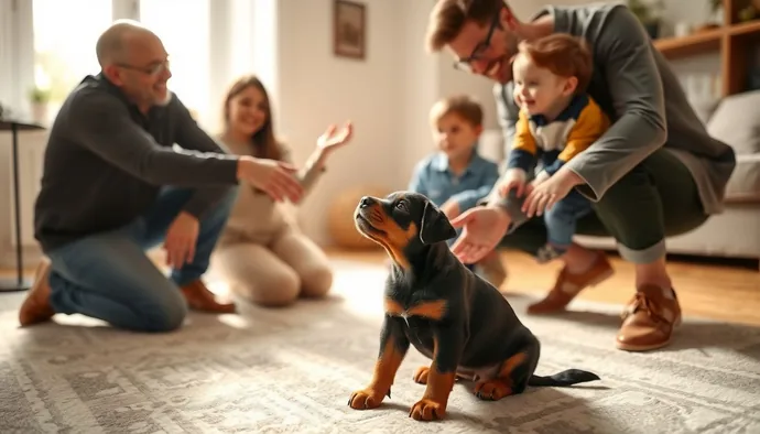 Yavru Rottweiler'ın kontrollü ortamda farklı insanlarla tanıştırılması