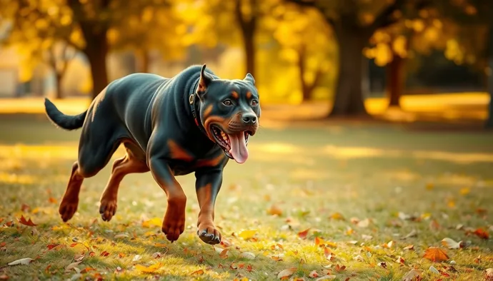 Kaslı bir Rottweiler'in parkta aktif şekilde koşması, egzersiz ihtiyacını gösteren sahne