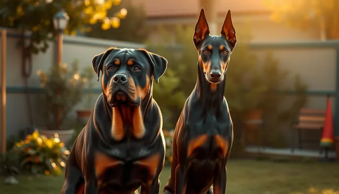 Rottweiler ve Doberman yan yana dururken - boyut ve yapı farkı