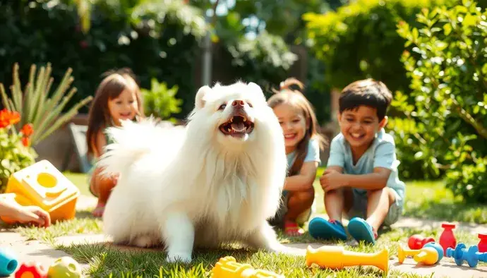 Samoyed köpeği çocuklarla oyun oynarken