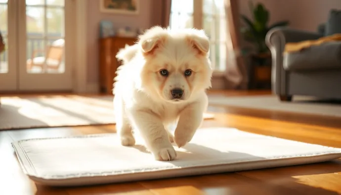 Samoyed yavru köpeğin pet pad üzerinde tuvalet eğitimi sırasında görüntüsü