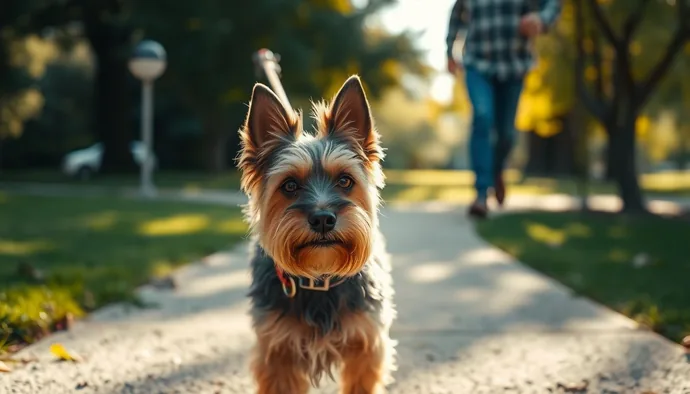 Scottish Terrier tasmayla parkta kontrollü yürüyüş yaparken, sahibiyle göz temasında