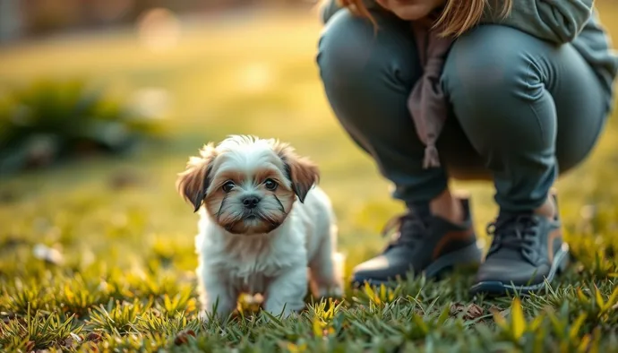 Shih Tzu yavru köpek dışarıda tuvalet eğitimi sırasında sahibiyle birlikte