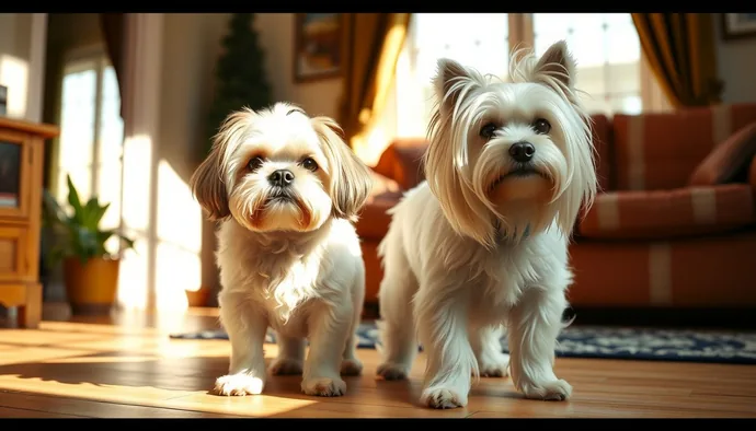 Shih Tzu ve Maltese Terrier yan yana dururken, tüy yapısı ve boyut farkını gösteren fotoğraf