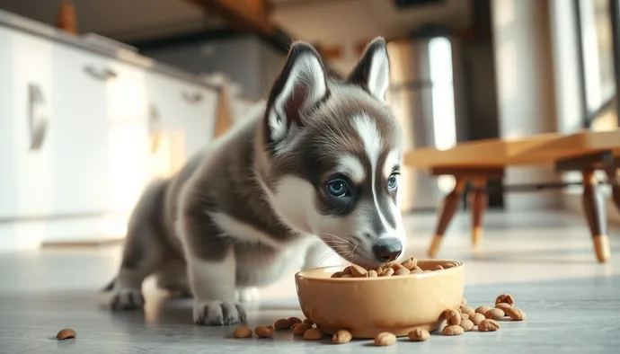 Siberian Husky yavrusu kuru mama yerken, arka planda mama kabı ve su matarası görünüyor