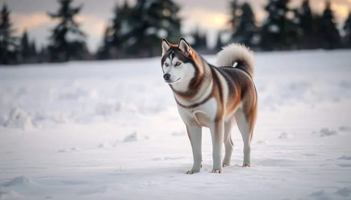 Kış manzarasında kalın kürküyle Siberian Husky'nin kar üzerinde durduğu fotoğraf