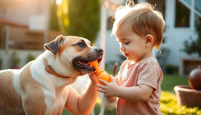 Staffordshire Bull Terrier'ın çocukla oynarken sergilediği nazik ağız kullanımı ve kontrollü hareket örneği