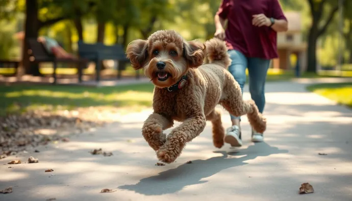 Standard Poodle sahibiyle parkta koşuştaki yürüyüş sırasında