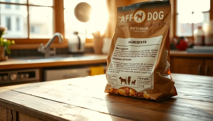 Tahılsız köpek maması kutusu ve içindeki ingredient listesi