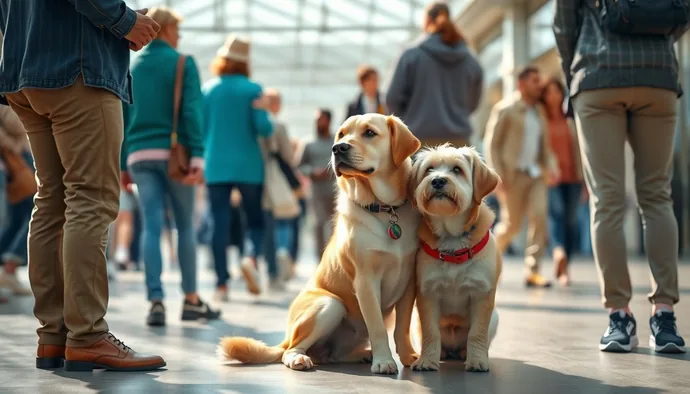 Terapi köpeği sertifikasyon sınavında köpek ve eğitmenin kalabalık bir ortamda değerlendirilmesi