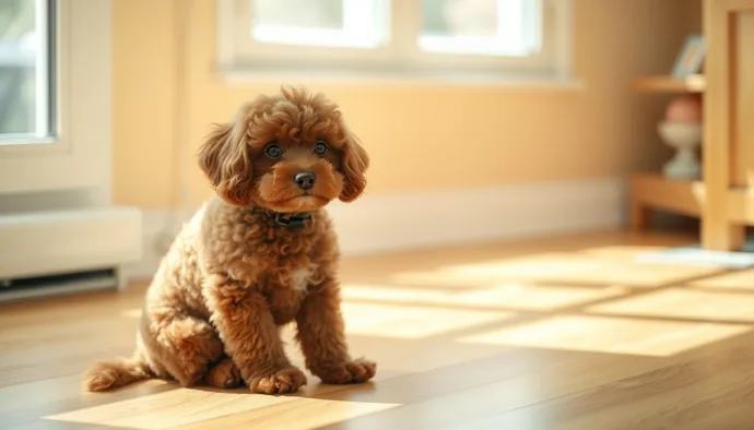 Toy Poodle ırkının kahverengi bukle kürk yapısı ve standart omuz yüksekliği ile oturur pozisyonda gösterimi