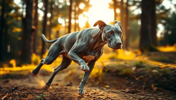 Gri tüylü Weimaraner, ormana açılan patikada koşarken, kasları gerilmiş ve konsantre bir ifadeyle ileriye bakıyor