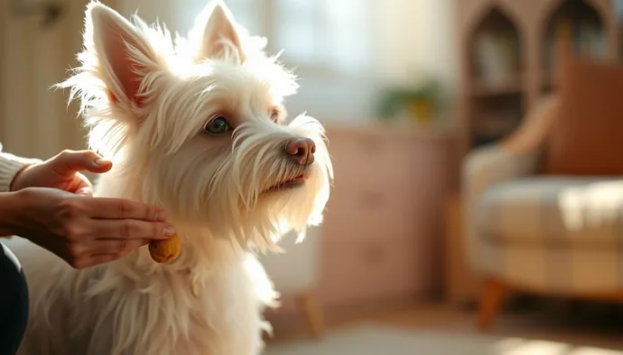Westie eğitim seansında sahibiyle iletişim kuran, dikkatli bakışlarıyla karakteristik görünüm sergileyen beyaz kürkü bir köpek