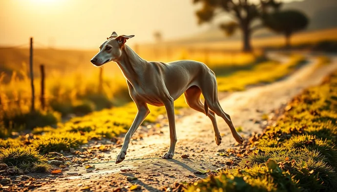 Whippet köpeğin ince yapılı gövdesi, uzun bacakları ve kısa parlak tüyleriyle koşarken görünümü
