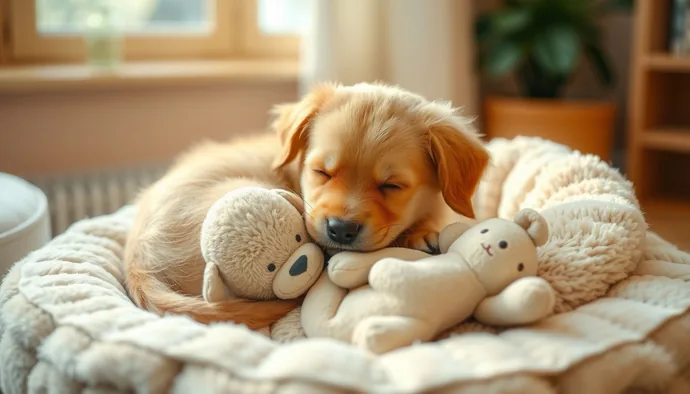 Yavru köpek yumuşak bir yatak üzerinde huzurlu şekilde uyurken, yanında sakinleştirici bir oyuncak bulunuyor