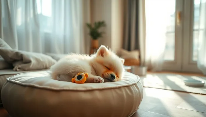 Yavru Pomeranian'ın evde hazırlanan güvenli yatak alanında sakin şekilde uyuması