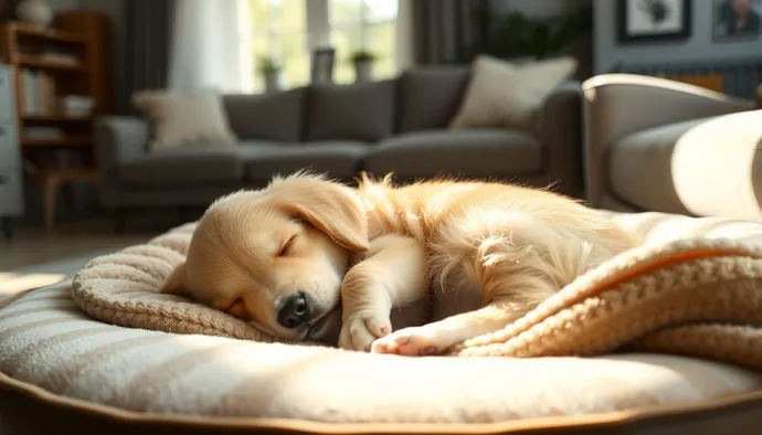Yavru Golden Retriever yumuşak yatağında huzurlu uyurken