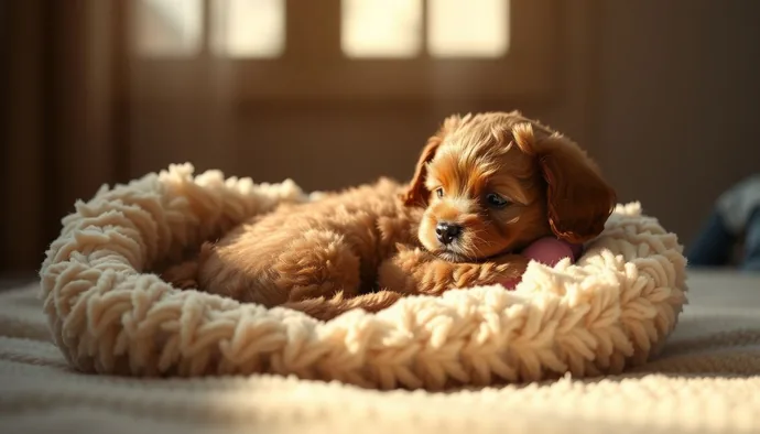 Yavru poodle'ın ilk gece için hazırlanmış güvenli uyku alanı, ısıtılmış su şişesi ve yumuşak yatak