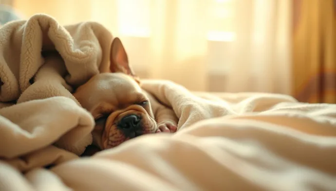 French Bulldog yavrusu kıyafet ve battaniyeyle hazırlanmış yatak alanında sakin şekilde uyurken