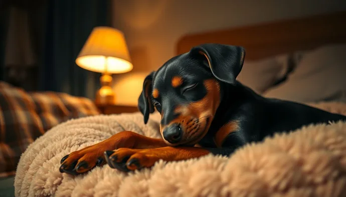 Yavru Doberman'ın yumuşak bir yatakta huzurla uyuduğu gece sahnesi