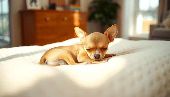 Yavru chihuahua'nın huzurlu bir şekilde yumuşak bir yatak üzerinde uyuması