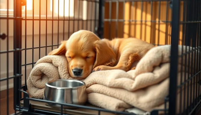 Uyuyan yavru köpek kafesi içinde, yanında su kabı ve yumuşak kumaş