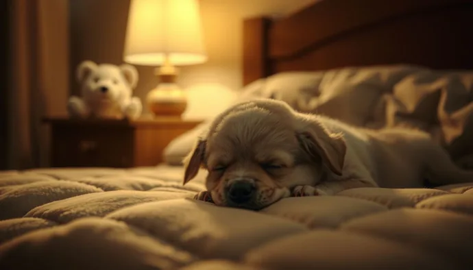 Yavru köpek yumuşak yatak üzerinde, gece lambasının loş ışığında uyurken