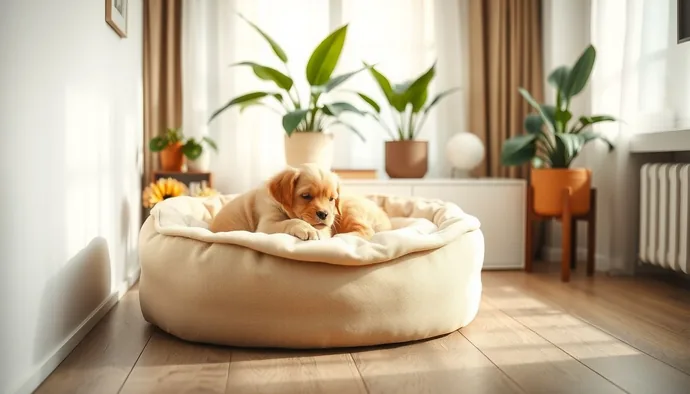 Yavru köpek için güvenli bir uyku alanı düzenlemesi, yükseltilmiş yatak, kaydırmaz zemin ve ulaşılamaz kablolar