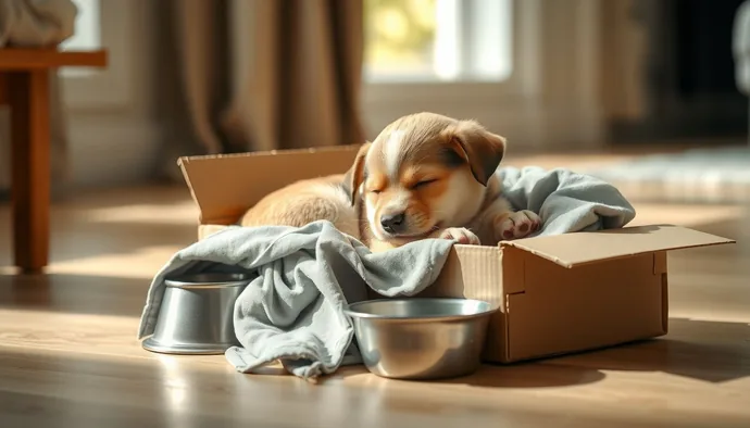 Küçük bir yavru köpek karton yatakta uyurken, yanında sahibinin eski tişörtü ve su kabı görülüyor