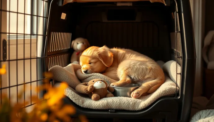 Taşıma kutusu içinde uyuyan yavru köpek, yanında su kabı ve yumuşak kumaşlar