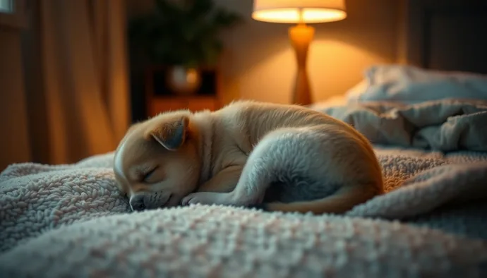 Yavru köpeğin yumuşak bir battaniyede, loş ışıkta dinlenirken görüntüsü
