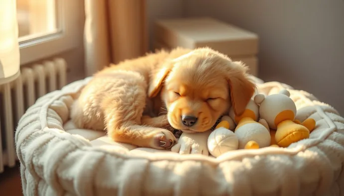 Yavru köpek yumuşak bir yatak ve oyuncaklarla hazırlanmış huzurlu bir uyku alanında uyurken
