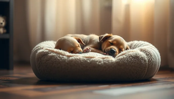 Yavru köpek yumuşak yatak üzerinde, loş ışıklı odada huzurlu uyurken