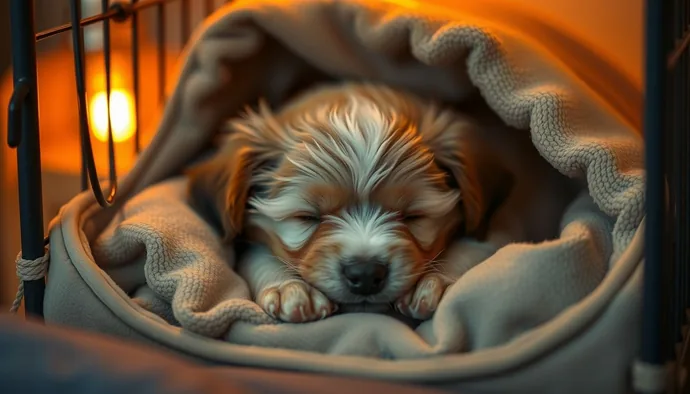 Yavru köpek gece kutusunda uyurken