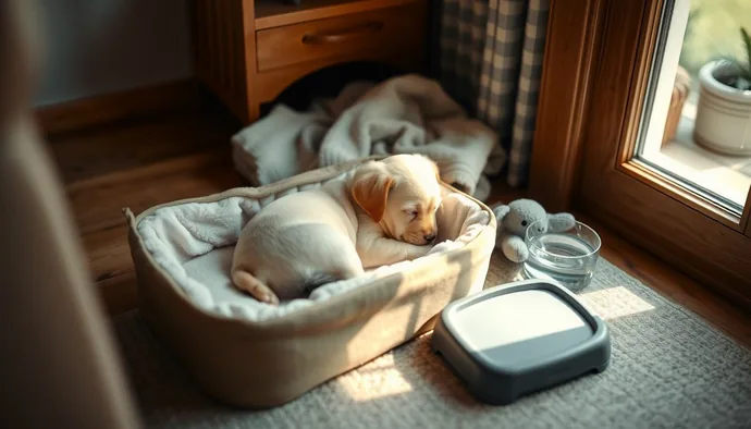 Yavru köpek ilk gece için hazırlanmış güvenli uyku alanı