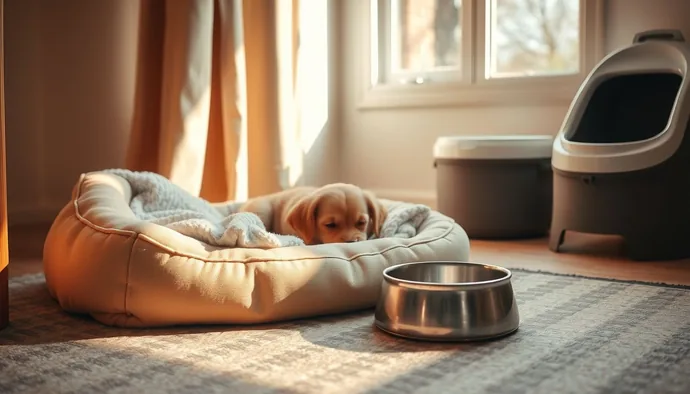 Yavru köpek için hazırlanmış sıcak uyku alanı, battaniye ve su kabı ile birlikte