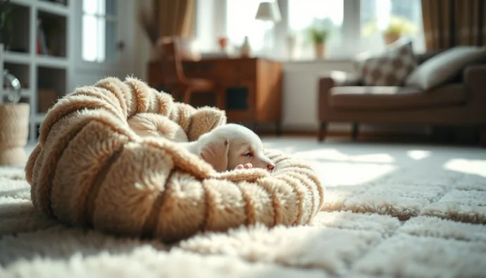 Yavru köpek yeni evinde güvenli yatağında uyurken