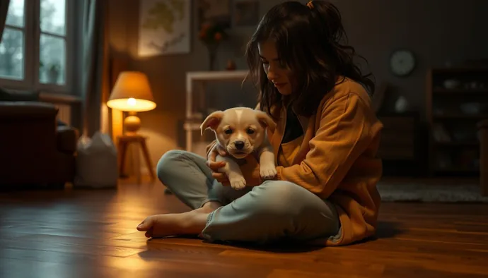 Gece ağlayan yavru köpeğe sahip bir kişinin karanlık bir odada yumuşak bir ışık altında köpeğe bakması